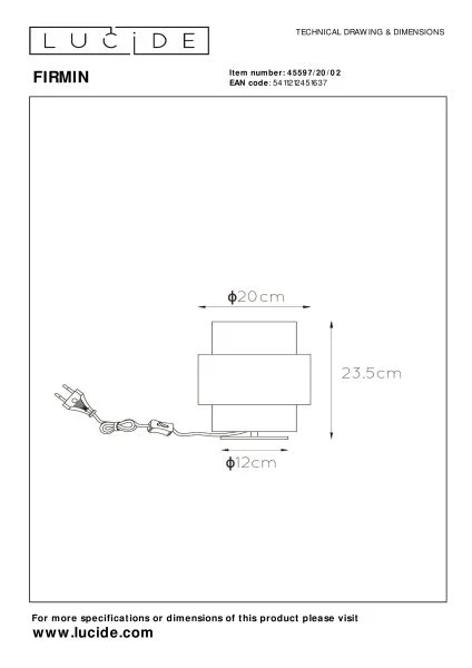 Lucide FIRMIN - Tafellamp - Ø 20 cm - 1xE27 - Mat Goud / Messing - technisch
